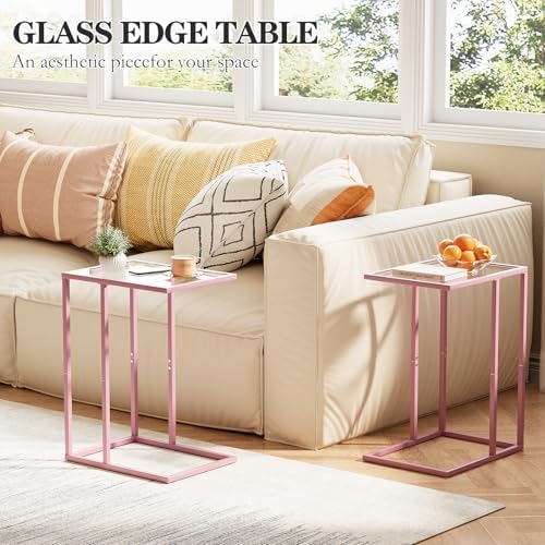 C Shaped End Table Set of 2, Small Side Couch Sofa Tables for Living Room,Glass Tv Tray Snack Dinner Table with Metal Frame, Easy Assembly (Pink) - Image 2