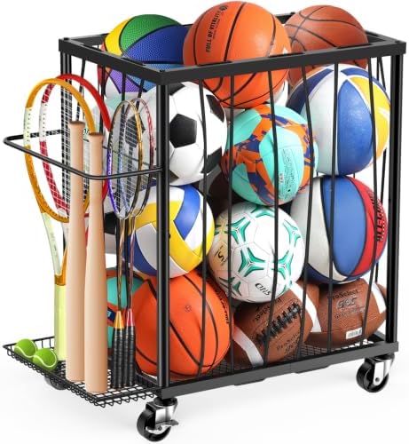 TomCare Garage Ball Storage Rack, Rolling Sports Cart with Lockable Wheels by TomCare