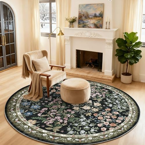 Washable Round Rugs for Bedroom 4ft: Living Room Rug Stain Resistant Non Slip Low Pile Ultra Soft Faux Wool Small Circle Rugs for Entryway Kitchen Nursery Dorm Home Office Bathroom Entrance Indoor by palohom