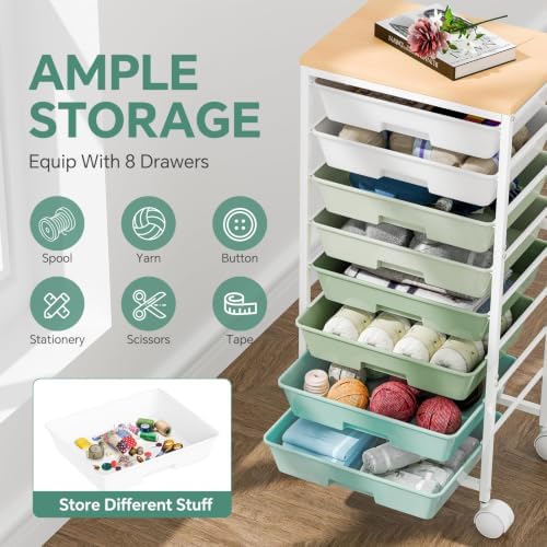 Ekisemio Utility Cart Organizers with Wheels and 8 Drawers, Little Rolling Craft Cart with Wooden Tabletop for Classroom, Office, Living Room, Craft Room, Green - Image 4