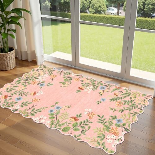 Pink Floral Entry Rug, 3x5 Ft Indoor Outdoor Mats for Front Door by Othilic