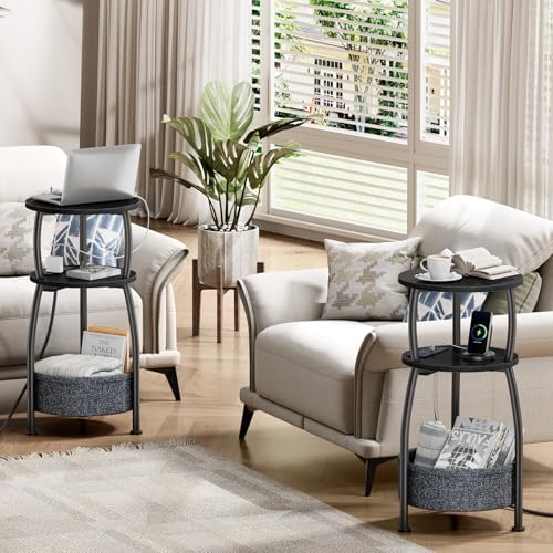 Side Table with Charging Station, Small Round End Table with Basket - Image 2