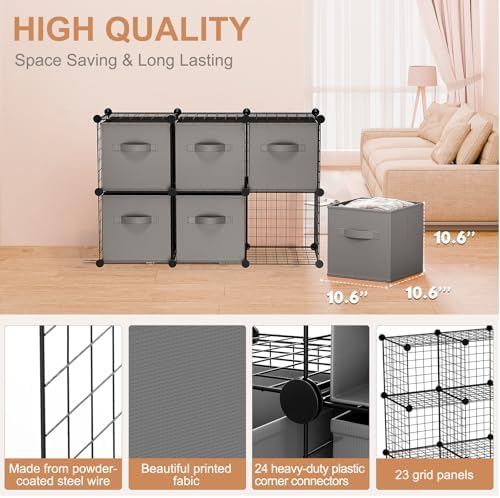 Leinuosen 6 Cube Storage Organizer with 6 Foldable Fabric Storage Bins, Metal Wire Grid Shelves, Stackable Modular Closet Organizer for Bedroom Living Room Office Toys Books(Black,Gray) - Image 2