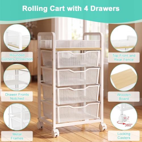 Hongtamoya Rolling Cart with 4 Drawers, Storage Cart with Dividers, White - Image 7