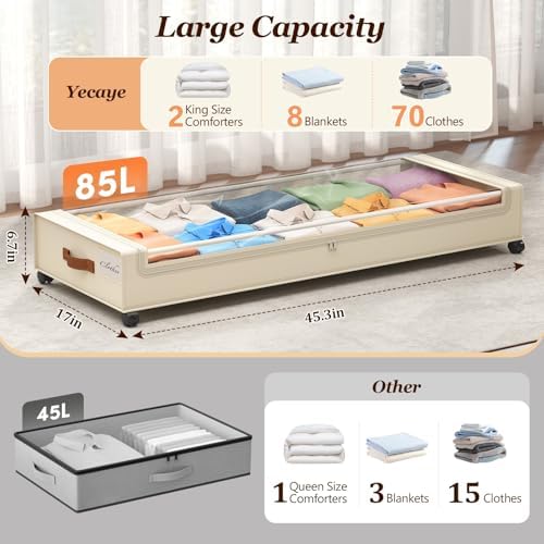 Yecaye Under Bed Storage with Wheels 2 Pack, 85 L Extra Large Under Bed Storage Containers with Metal Frame & Clear Lid, Rolling Underbed Organizer Bins Drawers for Clothes, Shoes, Blankets, Beige - Image 2