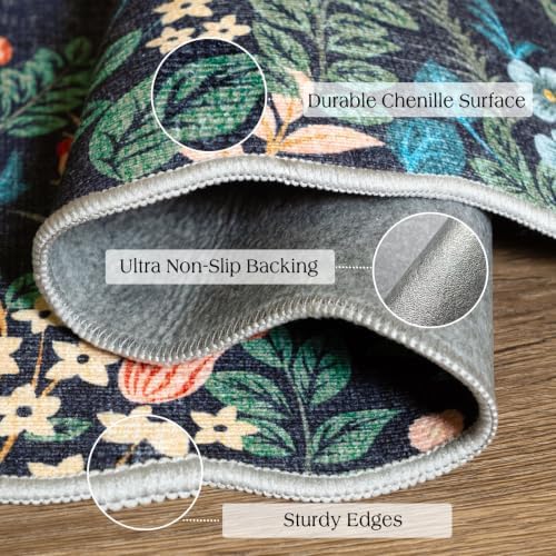 Dark Navy Floral Entry Rug - 3x5 Ft Washable Indoor Outdoor Mats for Front Door Porch Rug Non-Slip Spring Door Mat Boho Throw Rugs for Living Room Bedroom Entryway Kitchen Office Porch Decor - Image 2