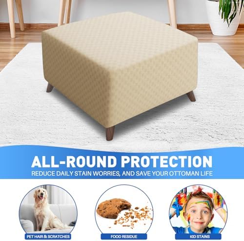 MAXIJIN Jacquard Ottoman Cover Slipcovers Folding Storage Stool Furniture Protector Cover Soft Thick Rectangle Foot Rest Slipcover with Elastic Bottom (Ottoman Large, Light Beige) - Image 2