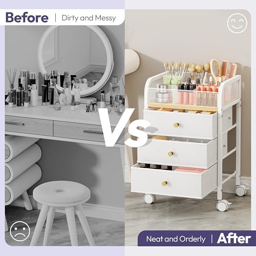SWTYMIKI Rolling Makeup Organizer Cart - 14.96″*11.81″*23.03″ Widened Under Desk Vanity Storage with 3 Non-woven Drawers, Cosmetic Display Cases for Skin Care Perfume Nail Polish Brush Hair Tool White - Image 3
