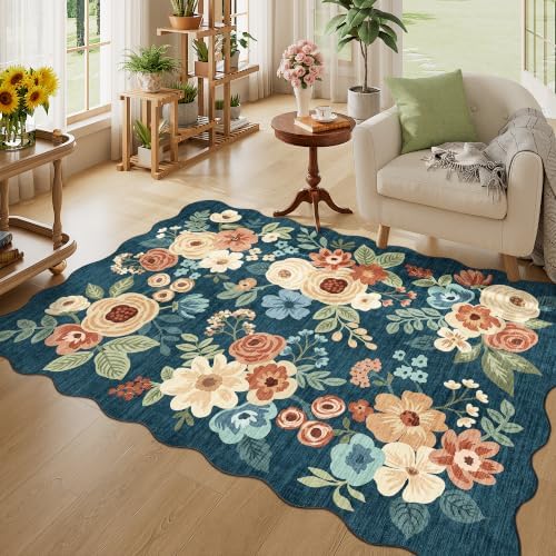DUKINO 4x6 Area Rug, Non Slip Floral Washable Living Room Rug Prussian Blue - Image 3