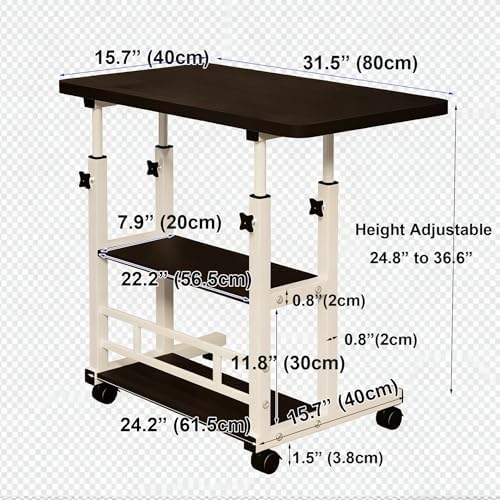 VebaCidi Medical Overbed Bedside Table with Two Shelves and Wheels (Hospital and Home Use), 31 1/2" Desk with Non Tilt Wooden Top, Adjustable Height (Black) - Image 2