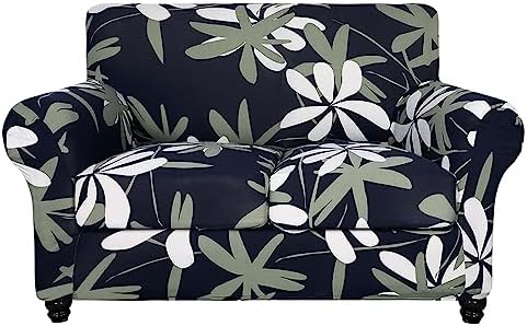 SearchI Stretch Sofa Cover Printed Couch Cover, Floral Pattern 3 Pieces Loveseat Slipcover with 2 Separate Cushion Cover, Washable Furniture Protector for Living Room(Loveseat, Navy Blue) by SearchI