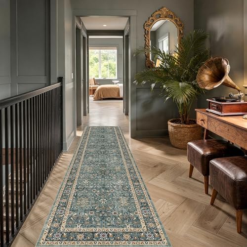 Washable 2x8 Entryway Runner Rugs, Vintage Non-Slip Low Pile Rugs Green - Image 3