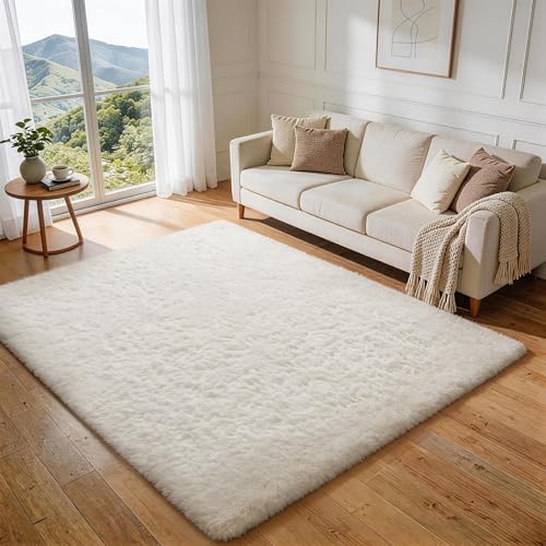 Ophanie Rugs for Living Room, Upgrade Non-Slip Fluffy Soft 5x8 Area Rug, Shag Large Fuzzy Plush Carpets for Bedroom Ivory, Shaggy Kids Dorm Home Decor with Over 99 pcs Pile fibers by Ophanie