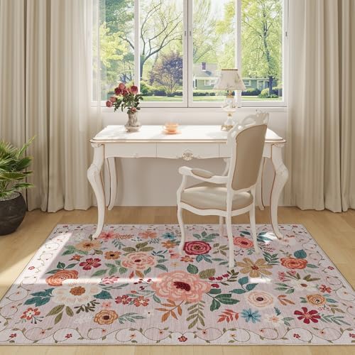 DUKINO 3x5 Area Rug, Floral Washable Rug for Bedroom Non Slip, Beige - Image 3