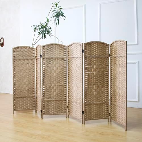 Furnnylane 6 Panel Rattan Divider Short Room Partition Screen,Double Sided Folding Divider for Room Separation,Light Brown,47.2" H x 94.5" W by Furnnylane