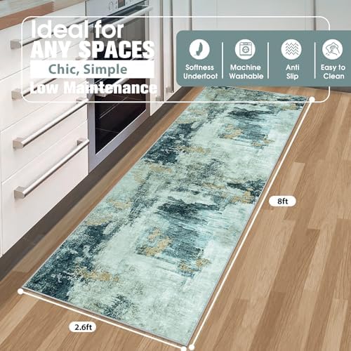 Runner Rugs for Hallways Kitchen 2.6x8 Non Slip Washable Teal Grey Gold - Image 2