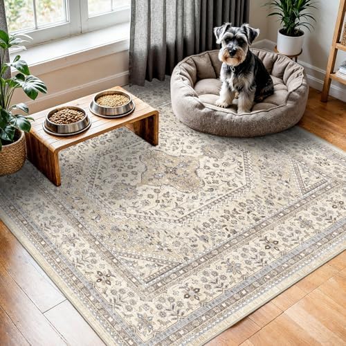 5x5 Square Washable Area Rug - Non-Slip Vintage Living Room Rugs Beige Gray by Puino