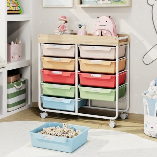 10 Drawer Rolling Storage Cart with Wood Top for Classroom Crafts Colorful - Image 2