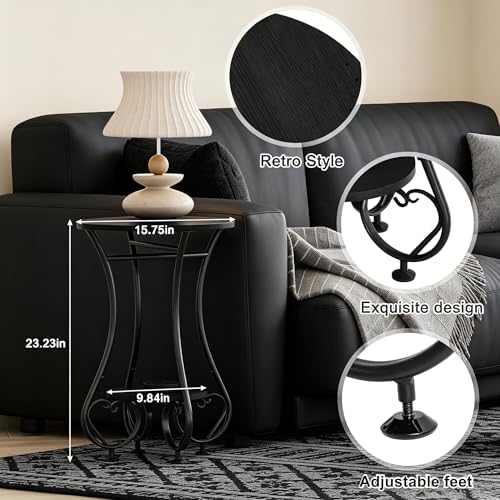 X-cosrack Small Round Side Table,Round End Table for Small Spaces - Black Metal Nightstand with Adjustable Feet,Couch Sofa Coffee Table,Retro Accent Table for Living Room Bedroom Balcony - Image 3