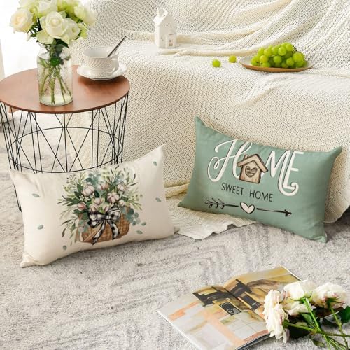 AVOIN colorlife Bless Our Home Farmhouse Eucalyptus Leaves Throw Pillow Covers, 12 x 20 Inch Blue Truck Home Sweet Cushion Case Decorations Set of 4 - Image 3