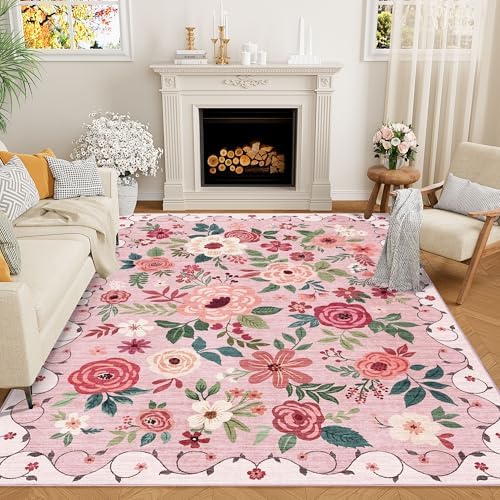 DUKINO 5x8 Area Rug for Bedroom, Soft Floral Washable Rug Non Slip, Pink by DUKINO