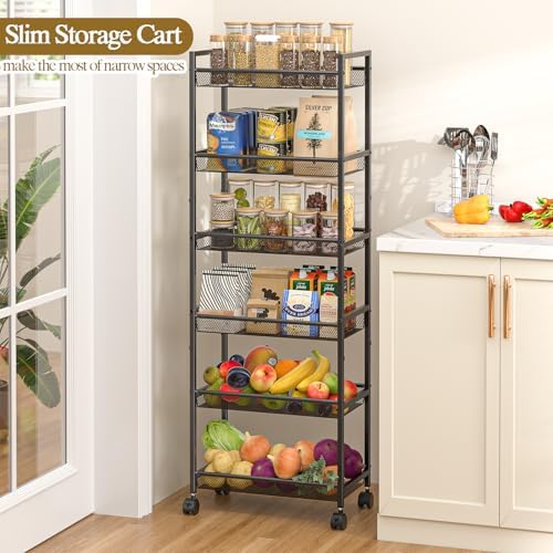6 Tier Slim Rolling Storage Cart, Narrow Mobile Shelving Unit Organizer Utility Cart with Wheels, Metal Wire Storage Rack with Baskets for Kitchen, Bathroom, Laundry & Living Room, 10in(W) Black - Image 5