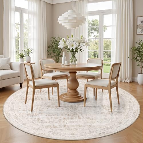 Round Area Rug for Living Room: 6ft Boho Washable Rug Beige Brown - Image 3