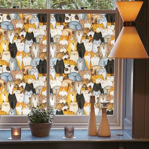 Cute Modern Cats Pet Animal Cartoon Stained Glass Window Films Decorative Double-Side Privacy Film Self-Adhesive Static Glass Clings for Living Room Bathroom Decor - Image 3