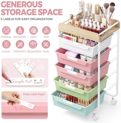 SYKIARIOL Rolling Storage Utility Cart with 5 Drawers,Colorful - Image 4