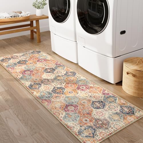 Lahome Moroccan Washable Kitchen Runner, 2x7 Runner Rug with Rubber Backing Non Slip, Vintage Hallway Rug Throw Carpet for Hallways Bedroom Laundry Room Entryway Elise, Cream/Multi - Image 6