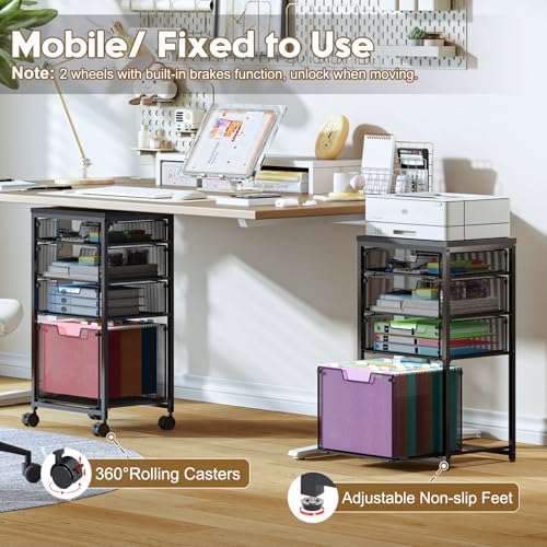 Sbanmao Rolling File Cart with 4 Storage Drawers, Mobile File Cabinet with Wheels, Hanging File Organizer, Under Desk Printer Stand Utility Cart Filing Cabinet for Home Office, Black - Image 4