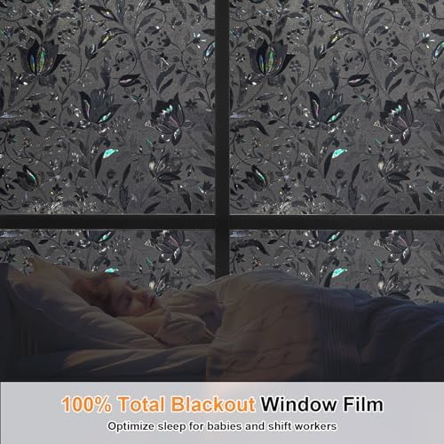 Blackout Window Film, 100% Sun Light Blocking Removable Privacy Windows Cover, Stained Glass Window Tint for Home, Static Cling Room Darkening Windows Stickers (Black Tulip, 35.4" x 78.7") - Image 2