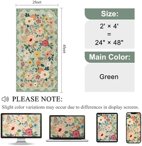 DUKINO 2x4 Entryway Rug, Floral Washable Kitchen Rugs Non Slip, Green - Image 2