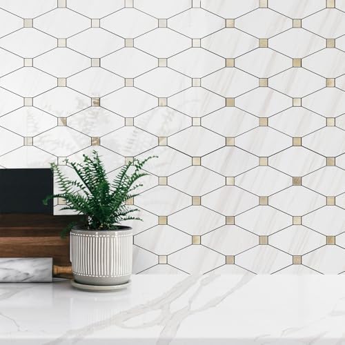 STICKGOO 1 Sheet Peel and Stick Backsplash, Polished Dolomite PVC Mixed Metal Gold Kitchen Backsplash, Stick on Backsplash Wall Tiles for Kitchen, Bathroom, RV - Image 4