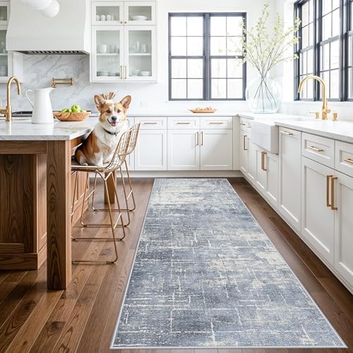 Abstract 3x10 Kitchen Rug Runners: Washable 10ft Hardwood Floor Mat Bathroom Living Room Bedroom Beside Mat Non-Slip Hallway Entry Area Rug Soft Indoor Farmhouse Carpet for Families(3x10,Blue/Ivory) by HYHAOYUNLAI