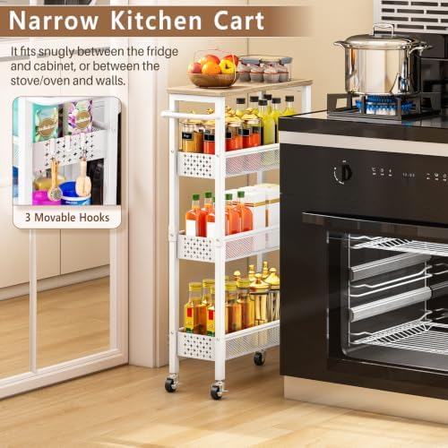 Utility Slim Rolling Storage Cart, 4-Tier Narrow Metal Organizer with Wood Top, 7.1" Width Utility Cart for Kitchen, Bathroom, Laundry Room, Small Spaces, White - Image 4