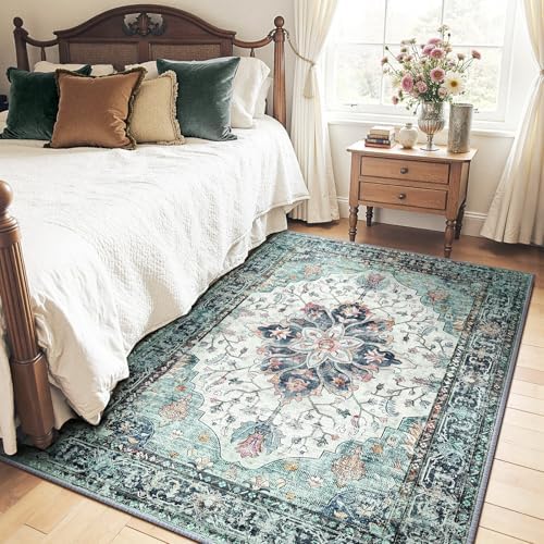 RELEANY Washable Area Rug, 4'x5', Teal Green/White/Navy - Image 2