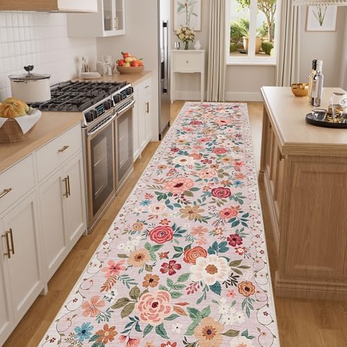DUKINO 2.6x14 Washable Runner Rug, Floral Non Slip Long Runner Rug, Beige - Image 6