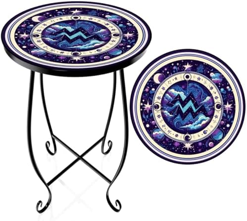 Small Mosaic Outdoor Side Table, 15-Inch Round Metal Patio Table by Unknown