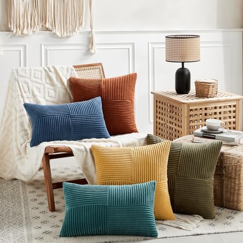 Fancy Homi 2 Packs Teal Euro Decorative Throw Pillow Covers 26x26 Inch for Living Room Couch Bed, Rustic Farmhouse Boho Home Decor, Soft Corss Corduroy Patchwork Textured Square Cushion Case 66x66 cm - Image 6