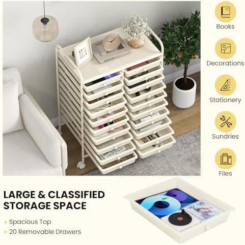 Giantex 20 Drawers Rolling Cart, Mobile Storage Drawer Cart, Classroom Organizer for Office School Supplies Tools Scrapbook Paper Craft Small Printer, Utility Stand on Wheels, Ivory White - Image 5