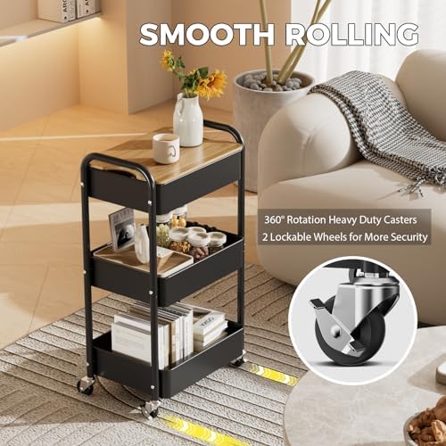 3-Tier Rolling Cart with Table Top, Metal Utility Cart on Wheels - Image 5