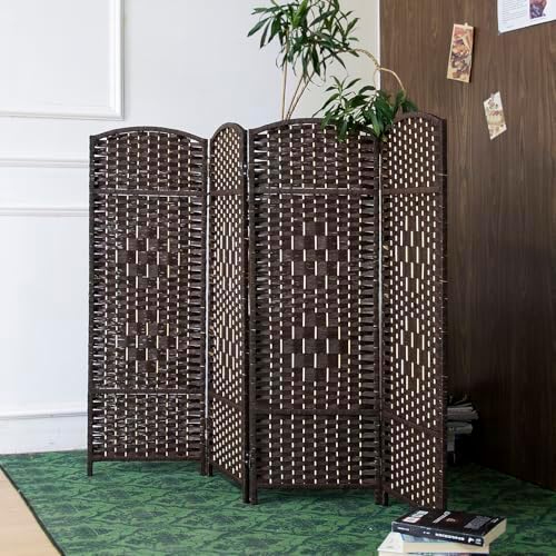 Furnnylane 4 Panel Dark Brown Rattan Room Divider, 47.2" Low Height Double-Sided Folding Privacy Screen, Freestanding Partition Wall for Home Office or Bedroom - Keeps Your Space Open & Airy by Furnnylane