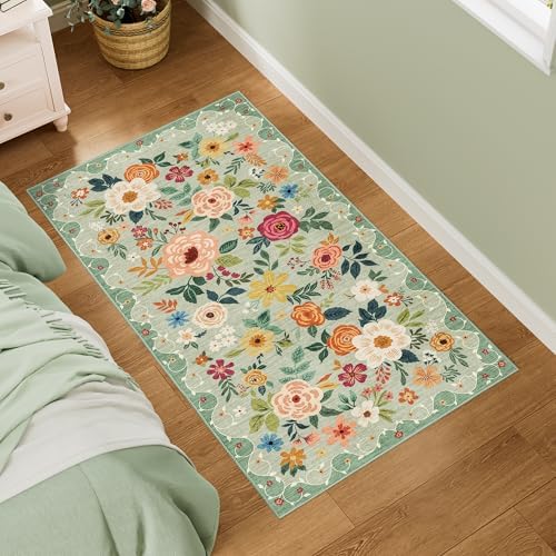 DUKINO 2x4 Entryway Rug, Floral Washable Kitchen Rugs Non Slip, Green - Image 3