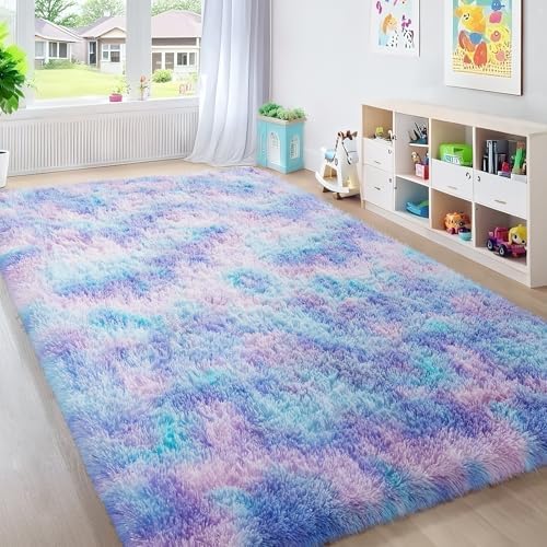 Ophanie Rainbow Purple Mermaid Rugs for Living Room 6x9,Kids Fluffy Shag Fuzzy Plush Soft Carpets,Floor Shaggy Area Rugs for Bedroom,Carpet for Kids Girls Dorm Decor with Over 99 pcs Pile fibers by Ophanie
