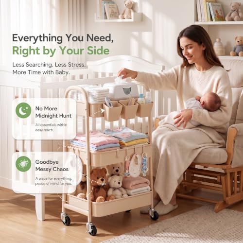 Beige 3 Tier Rolling Cart Metal with Wheels,Tan Three Tiered Bedside Carts - Image 2