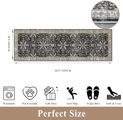 2x6 Washable Kitchen Runner Rug – Non-Slip Boho Vintage Carpet Runner for Hallway, Entryway, Bedroom & Bathroom – Soft Low-Pile Thin Area Rug with Rubber Backing (Black,2x6) - Image 2