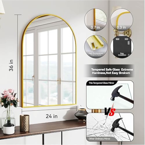 36x24 Bathroom Mirror Arch Wall Mounted/Against Aluminum Frame Gold - Image 3