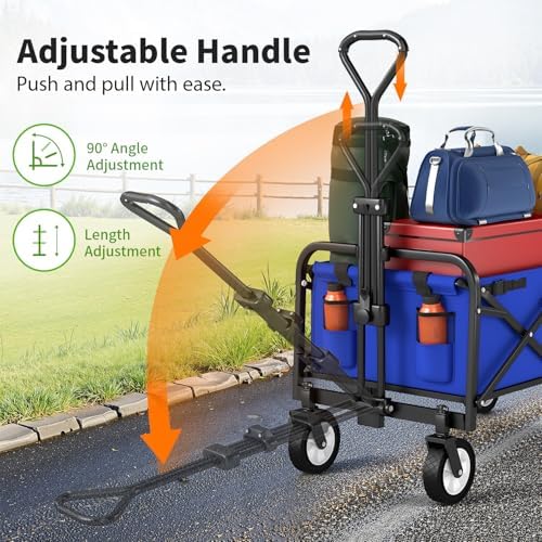 Collapsible Folding Wagon Garden Cart Beach Wagon Grocery Wagon All-Terrain Wheels Garden Grocery Wagon for Shopping Park Picnic, Beach Trip, Outdoor Activities, Camping (Blue) - Image 5