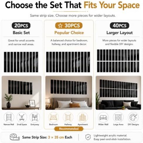 Acrylic Mirror Wall Decor, Peel and Stick Mirror Strips, Vertical Wall Mirror Tiles for Entryway, Bedroom & Bathroom, Shatterproof, Removable, Gold Silver Black, 20/30/40 PCS (30, Black) - Image 6